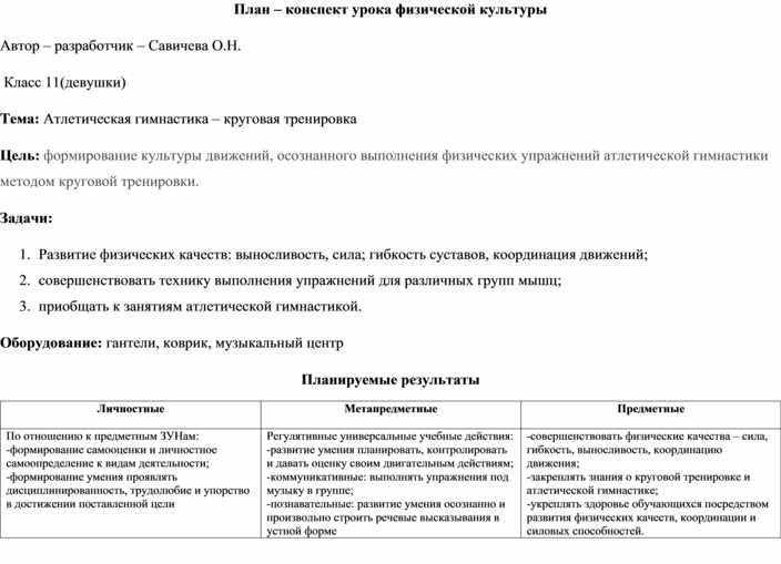 План конспект урока по атлетической гимнастике в 10 классе