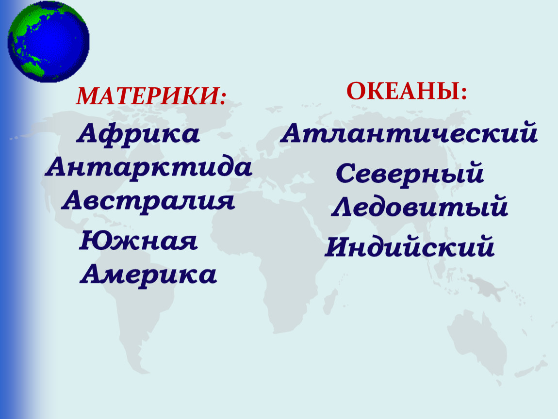 Карта с названиями материков и океанов земли