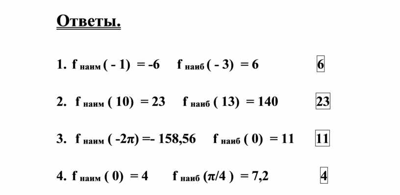 Ответы. 1. f наим ( - 1) = -6 f наиб ( - 3) = 6 6 2