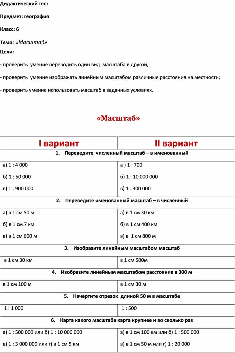 Тест масштаб. Диагностический тест 6 класс.