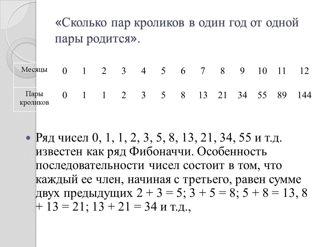 Сколько пар есть. Задача про кроликов Фибоначчи. Ряд Фибоначчи кролики. Последовательность Фибоначчи кролики. Сколько пар кроликов в один год от одной пары родится.