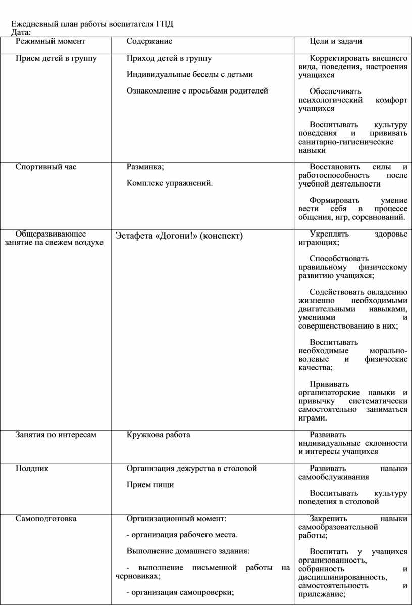 План работы воспитателя ежедневный план