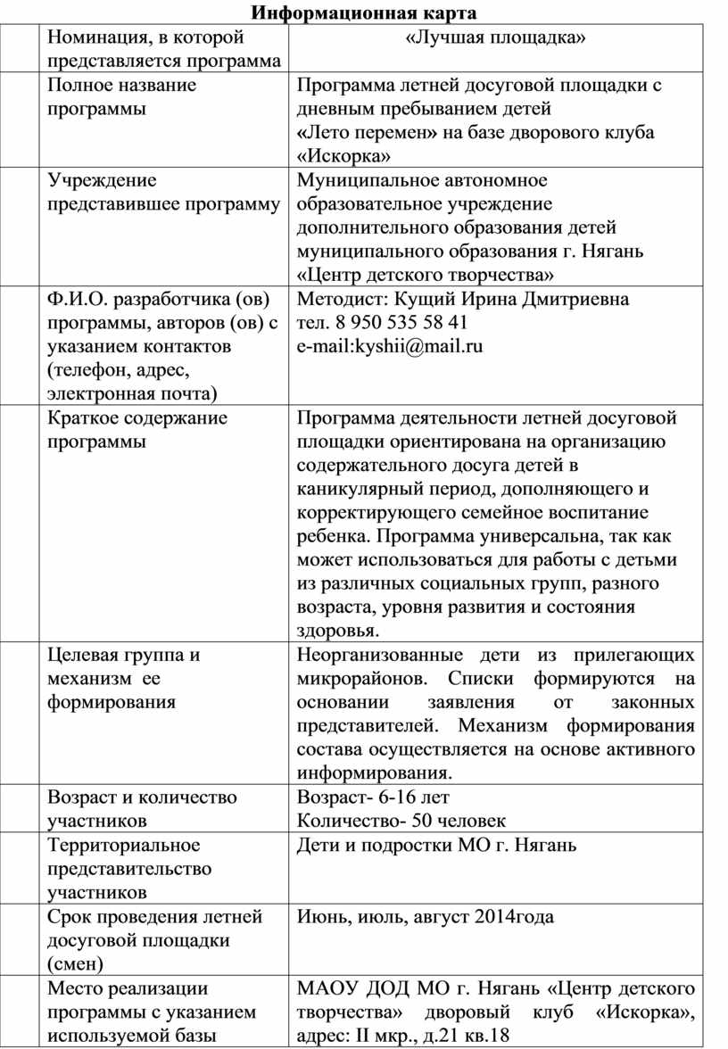 План мероприятий летней оздоровительной площадки при школе