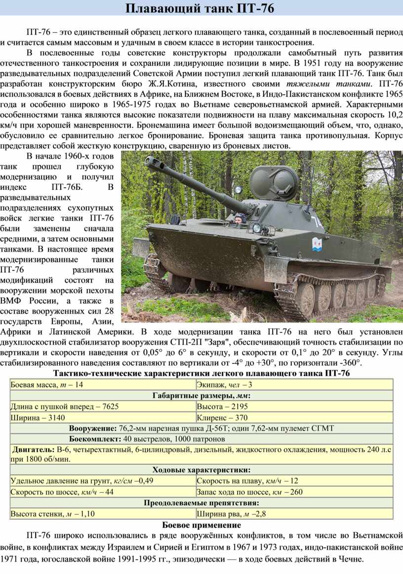 Плавающий танк ПТ-76 ПТ-76 - это единственный образец легкого плавающего танка, созданный в послевоенный период и считается самым массовым и удачным в своем классе в…