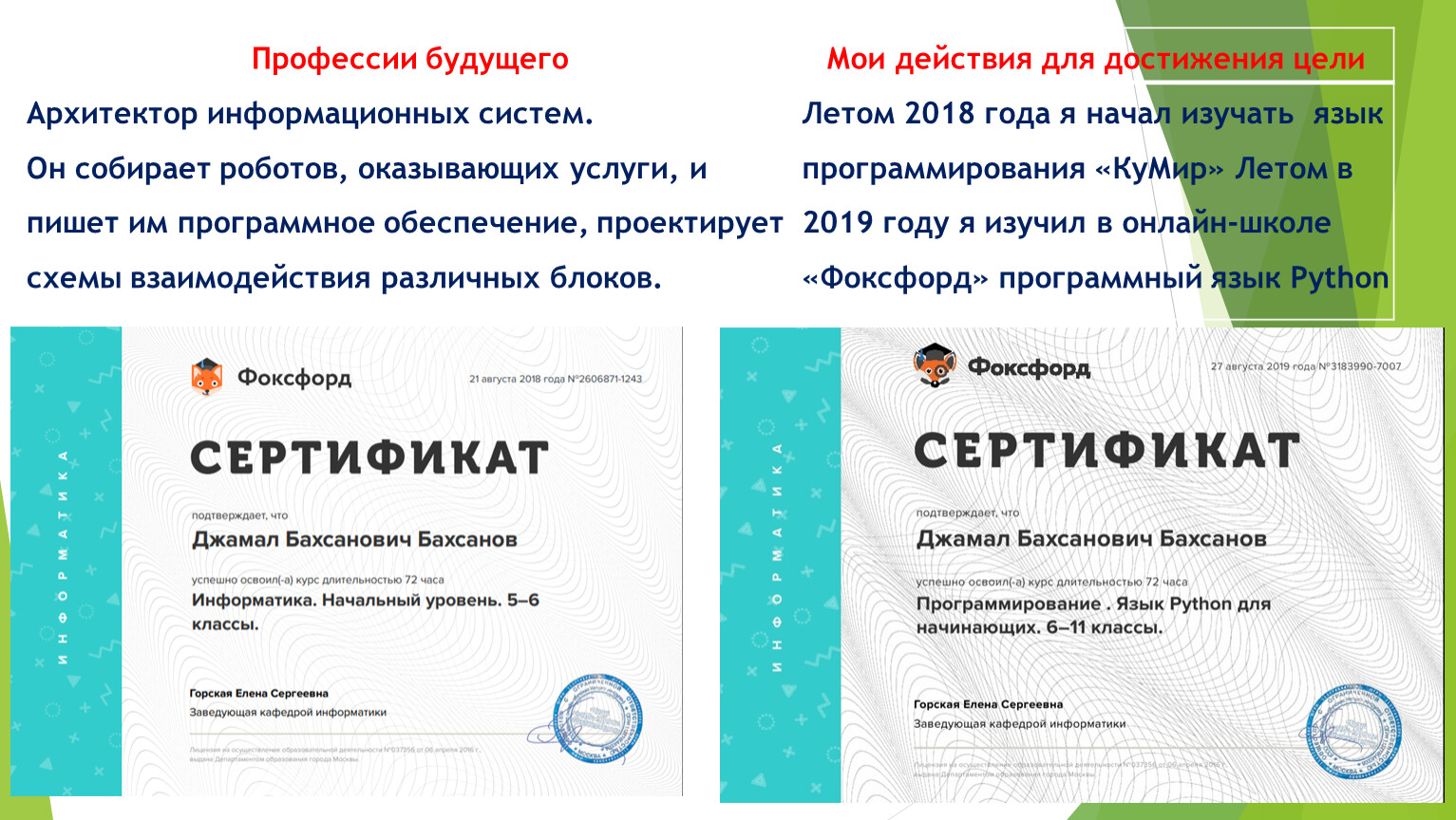 Профессии будущего Мои действия для достижения цели