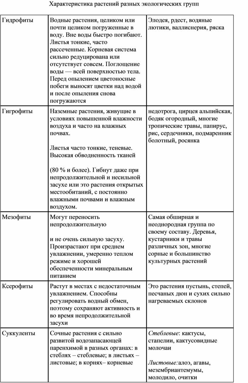 Экологические группы организмов таблица