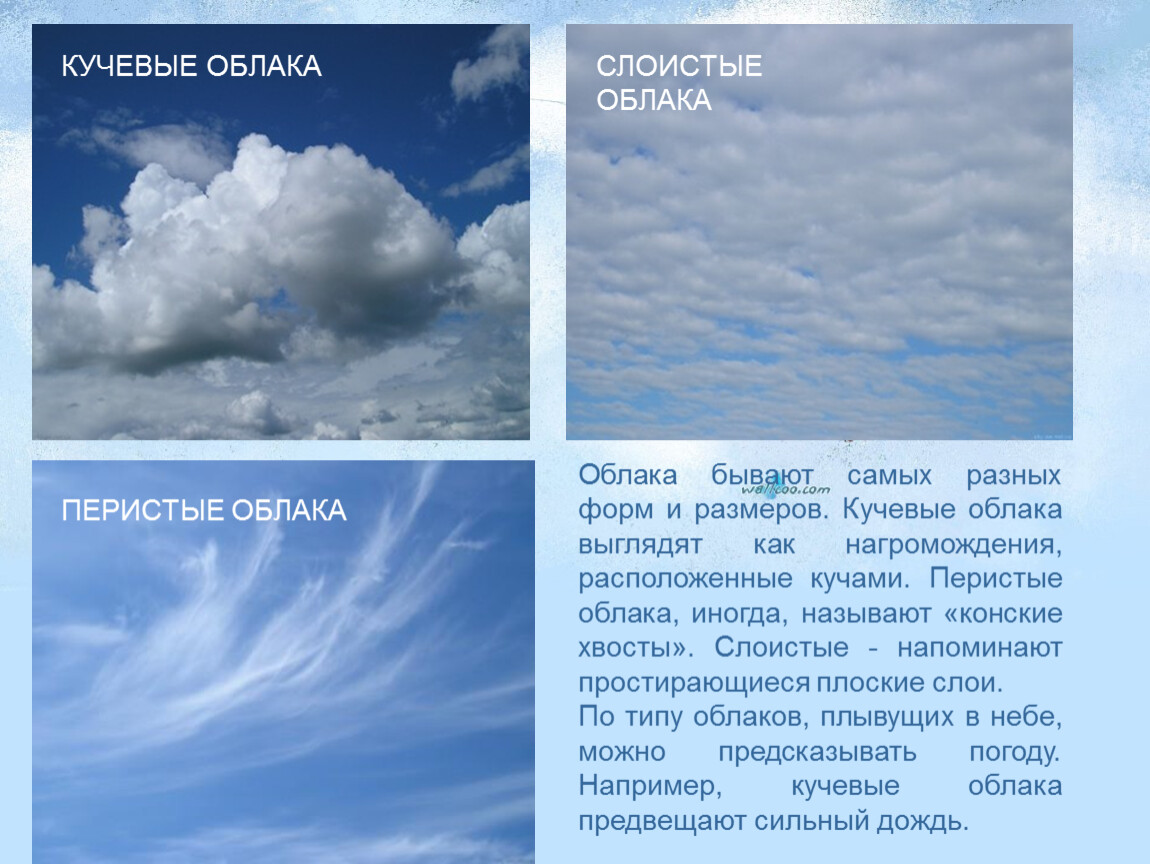 Рассказ о красоте неба окружающий мир 2. Облака Кучевые перистые Слоистые. Облака бывают Кучевые. Перистые облака Кучевые облака Слоистые облака. Слоистые облака высота.