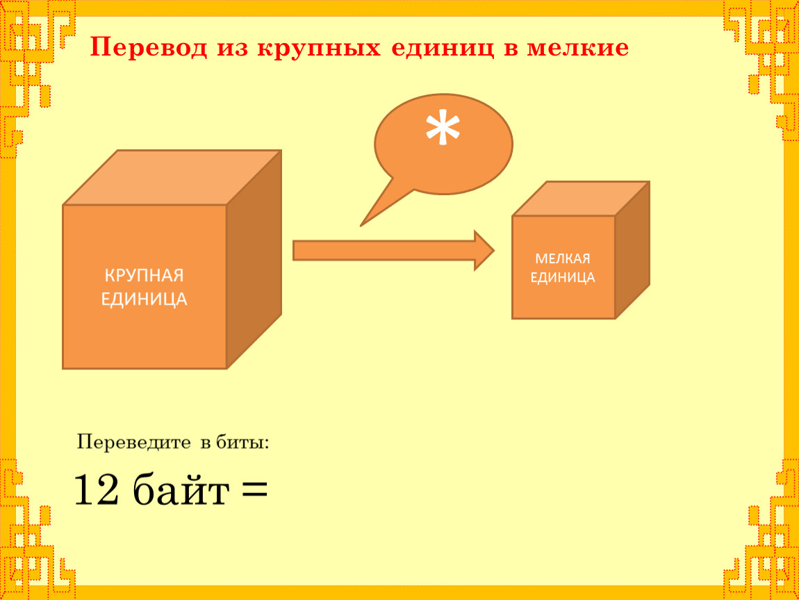 Больший перевод. Перевод из крупных единиц в мелкие. Перевод единиц биты. Крупные единицы мелкие единицы. Перевод мелких единиц в крупные презентация.