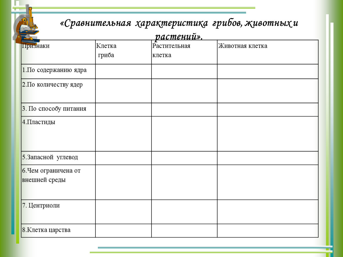 Сравнение растений и животных. Сравнение животной растительной и грибной клетки таблица. Сравнение клеток растений животных грибов и растений таблица. Сравнение клеток грибов растений и животных таблица. Сравнение клетки растения животного гриба таблица.