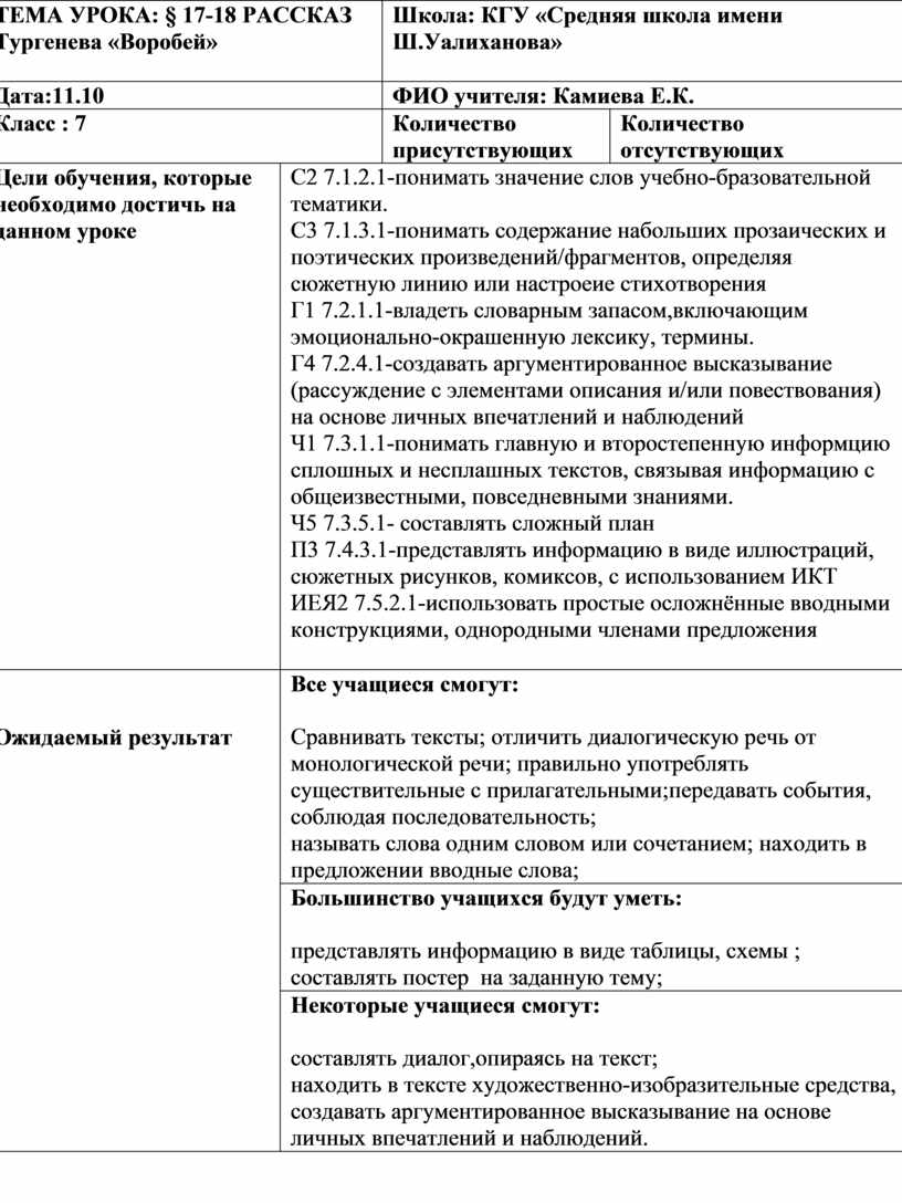 Рассказ воробей тургенев составить план