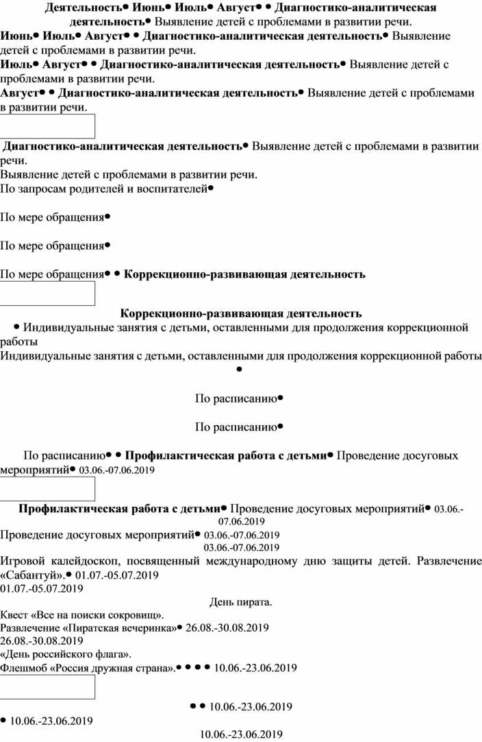 План работы учителя логопеда на летний оздоровительный период