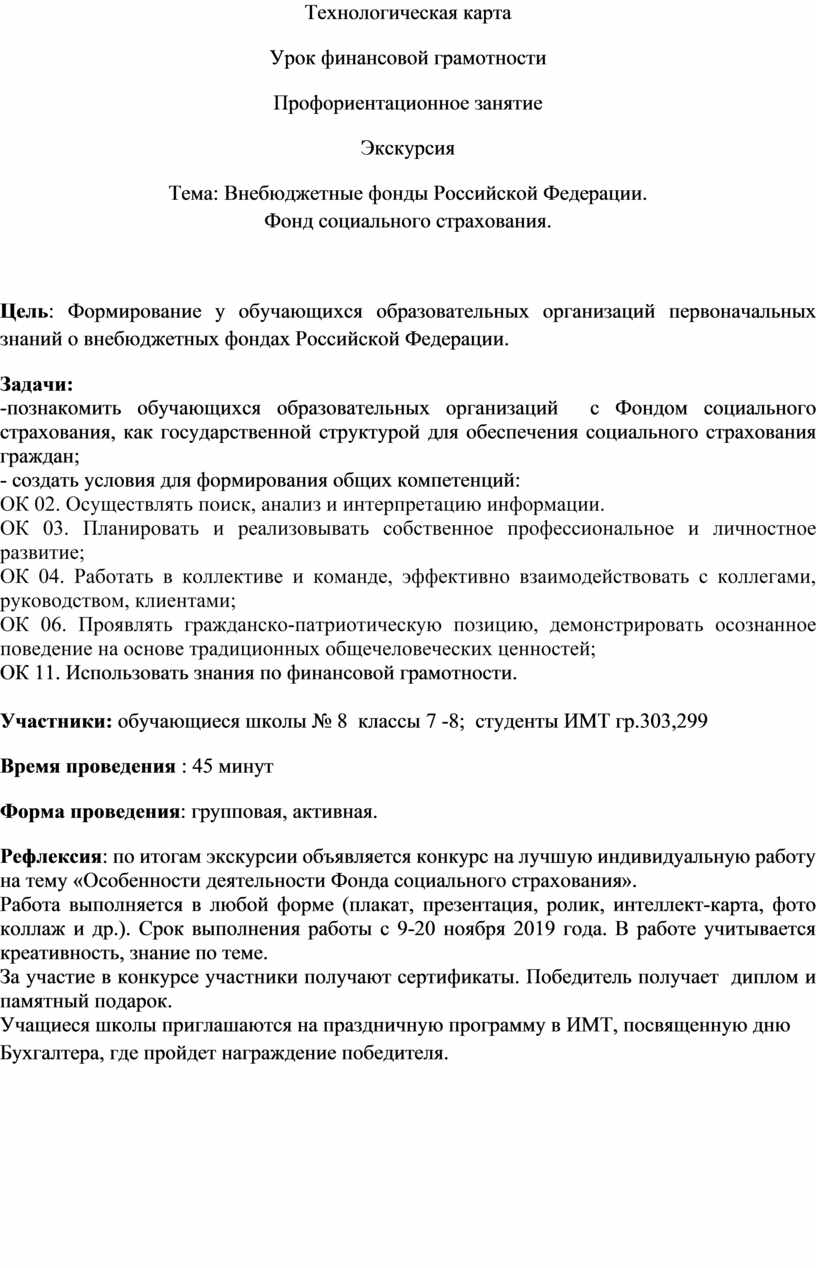 Технологическая карта урока по финансовой грамотности