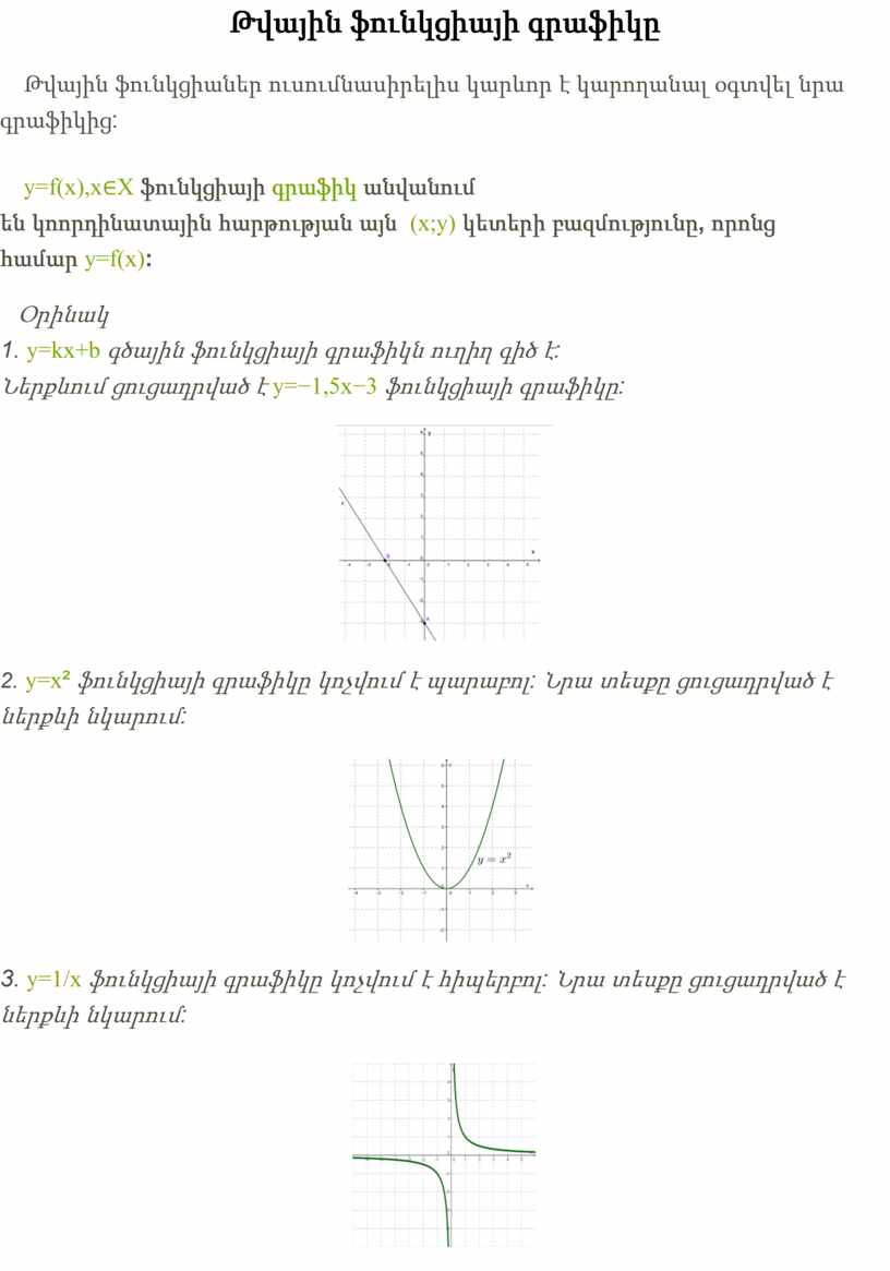 X ֆունկցիայի գրաֆիկ անվանում են կոորդինատային հարթության այն ( x ; y ) կետերի բազմությունը , որոնց համար y = f ( x ) :…