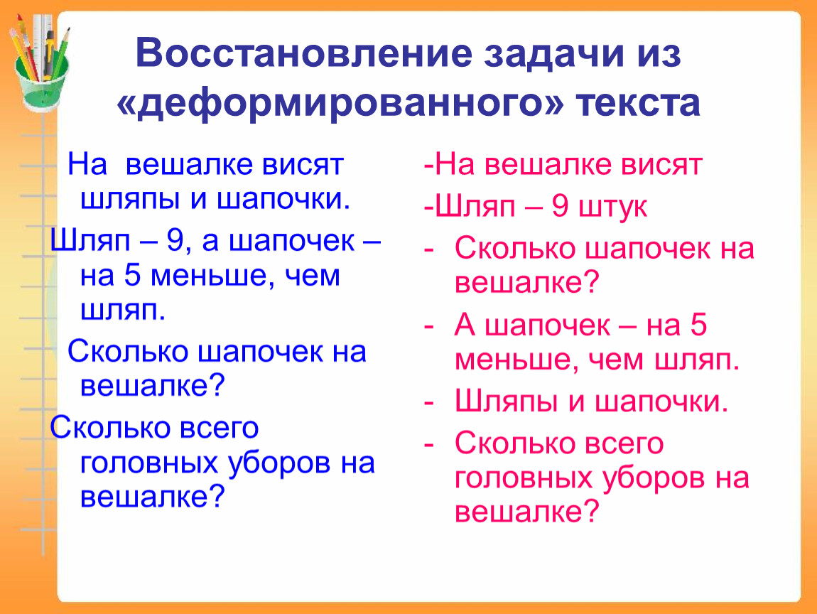 Задание восстановление. Задача на вешалке висят головные уборы шляп на 1 больше. Восстановление задачи по деформированному тексту. Решение задачи на вешалке висят головные уборы. Восстановление задачи по математике по деформированному тексту.