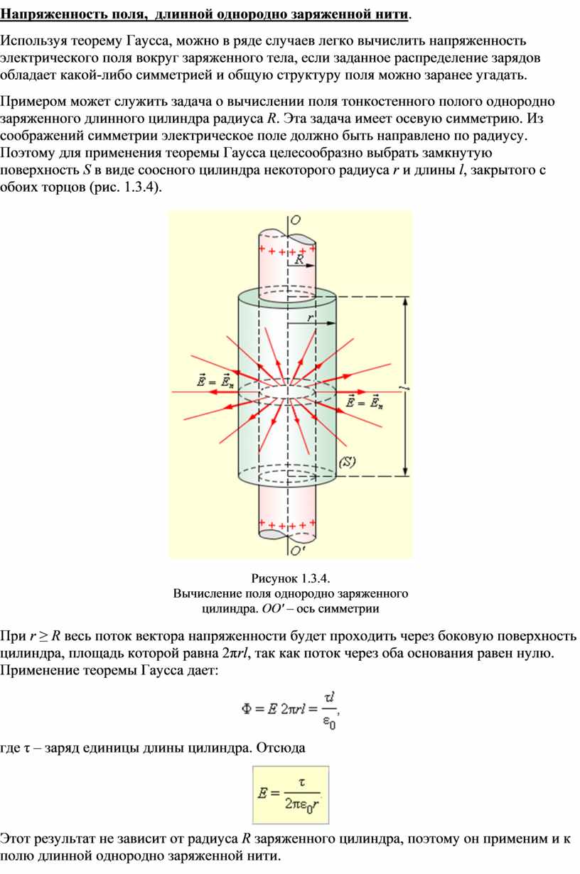 Поле однородно заряженной нити