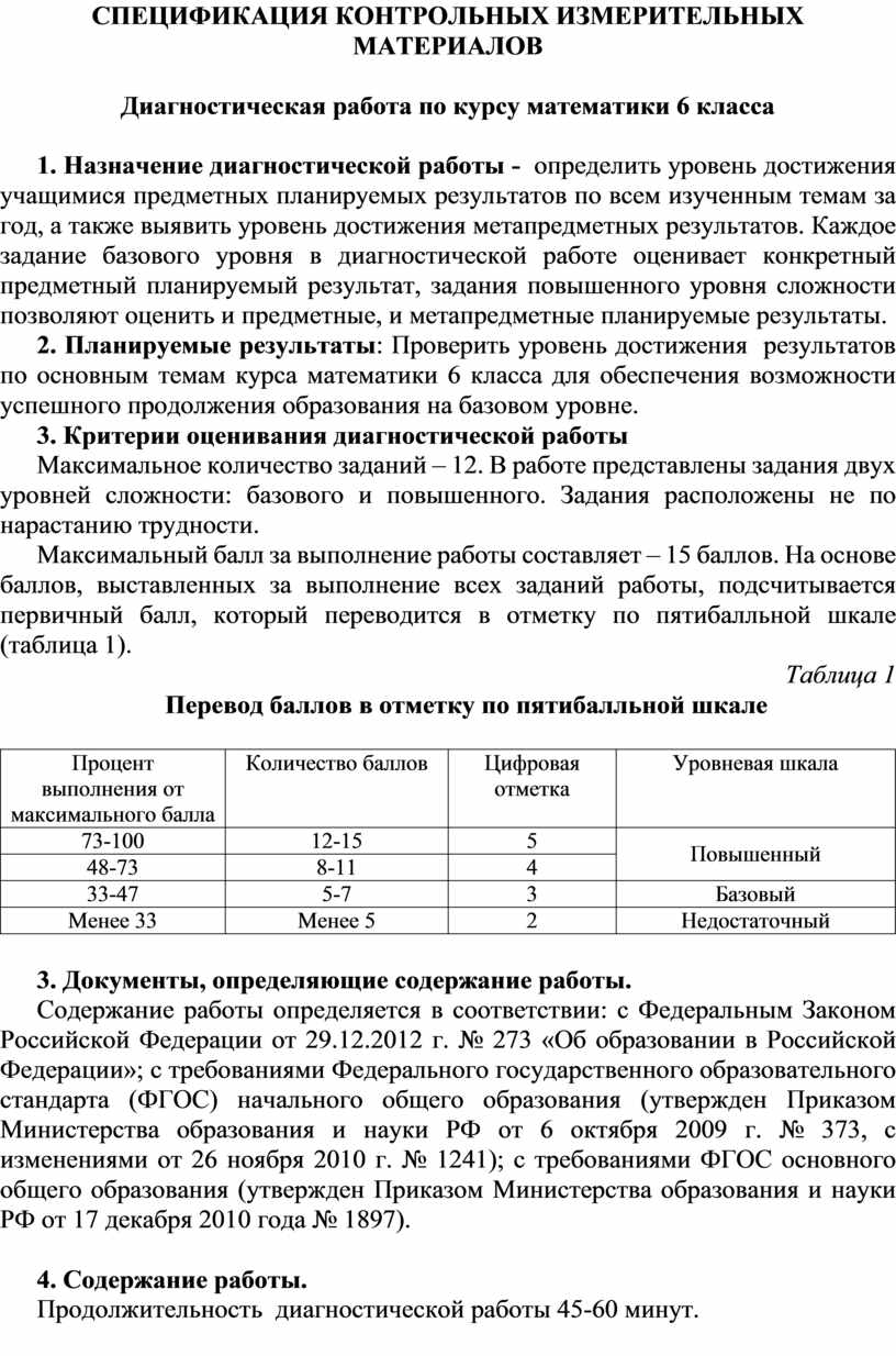 Спецификация итоговой контрольной работы по математике 6 класс.