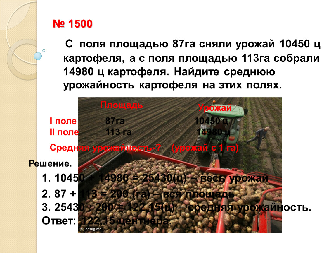 Площадь поля. В хозяйстве с двух участков площадью 5 га и 4 га собрали 2350ц картофеля. С 1 поля площадью 14 к собрана. Поле прямоугольной формы засеяно пшеницей длина