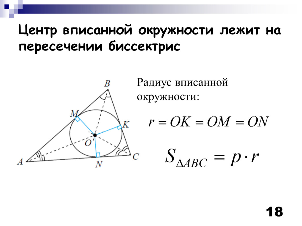 Центр вписанной окружности треугольника лежит в точке. Центр вписанной окружности треугольника. Биссектриса и центр вписанной окружности. Биссектрисы треугольника центр вписанной окружности. Центр вписанной окружности лежит в точке пересечения.