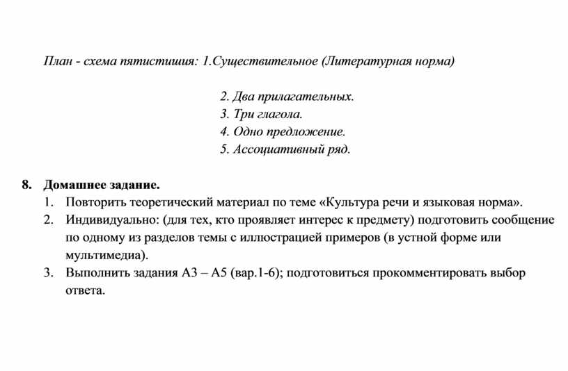 План - схема пятистишия: 1.Существительное (Литературная норма) 2
