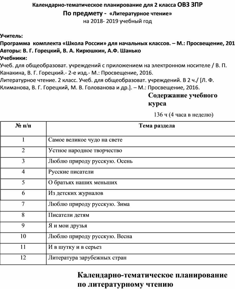 План работы по литературе 3 класс