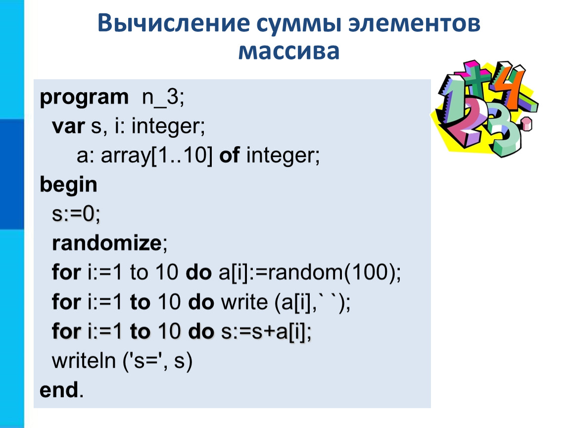 Program n 15. Сумма элементов массива. Вычисление суммы элементов массива. Презентация по теме одномерные массивы целых чисел. Вычислить сумму нечетных элементов массива.