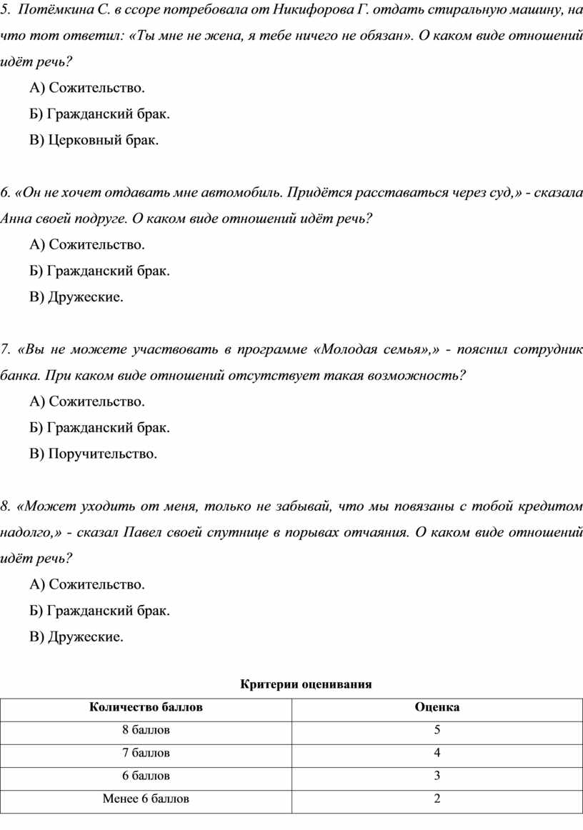 Тест на тему «Семейное право и семейные правоотношения»