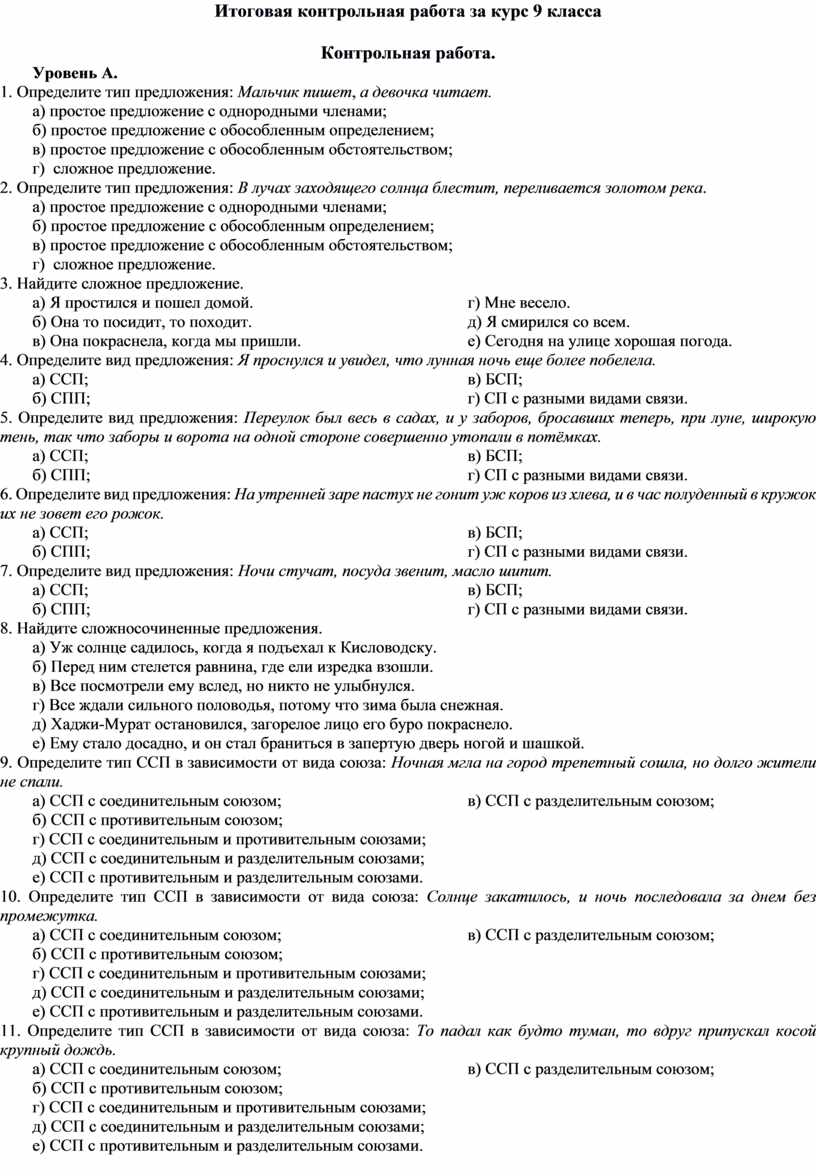 Итоговая контрольная работа по русскому языку за курс 9 класса