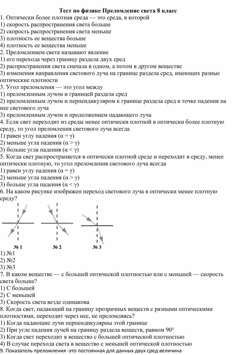 Тест по физике Преломление света 8 класс