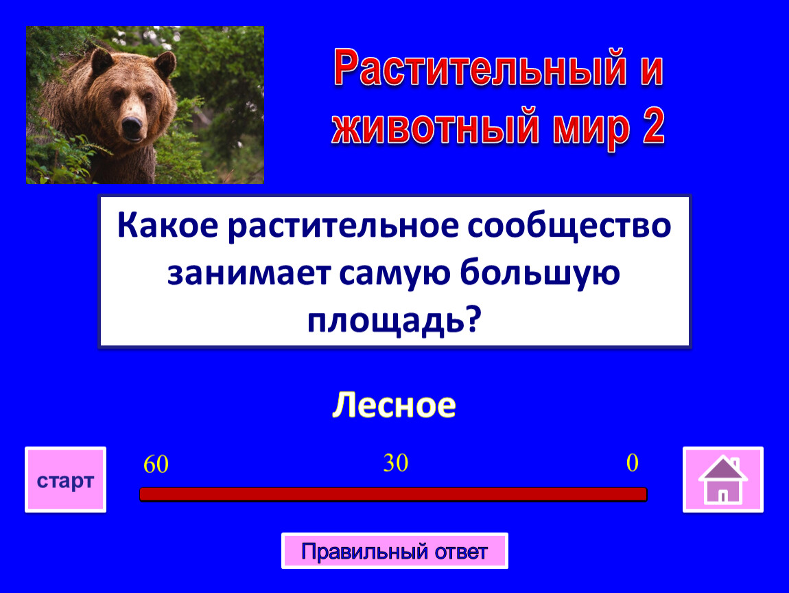 Лесное Какое растительное сообщество занимает самую большую площадь? 0 30 60 старт