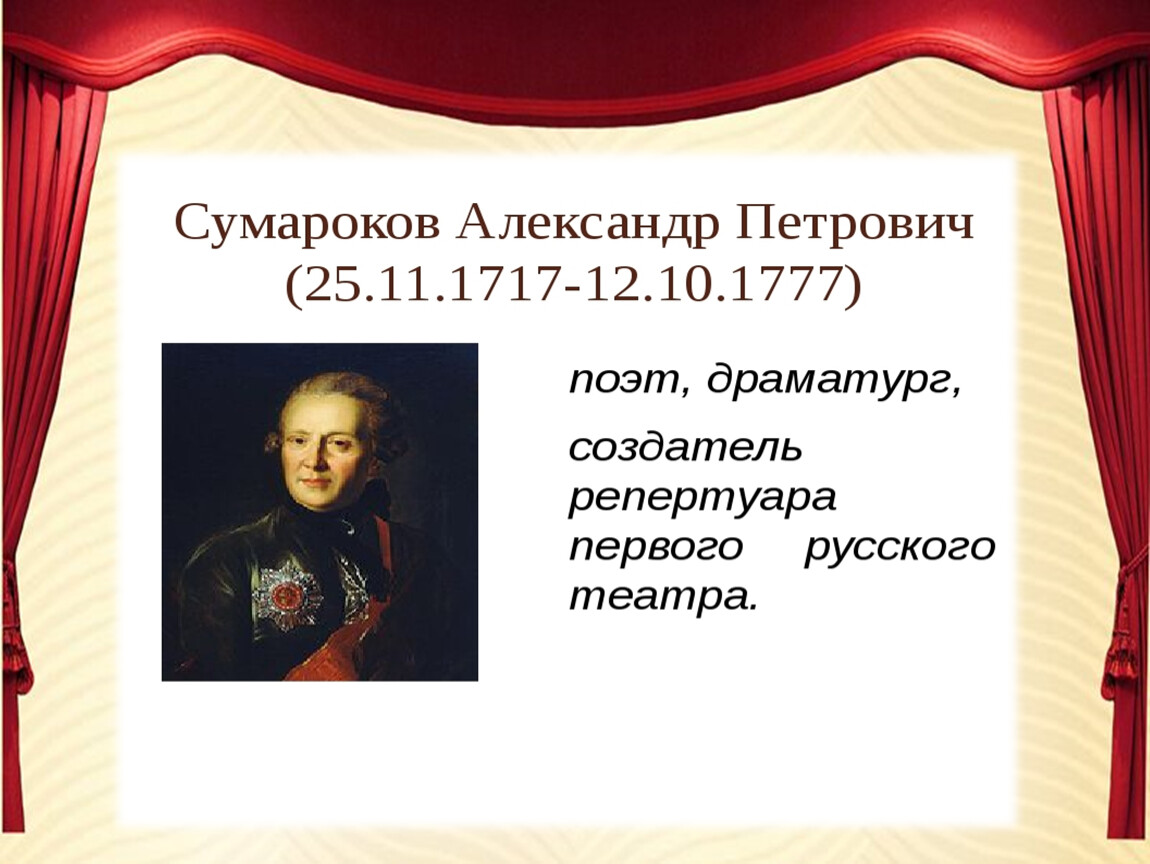 Сумароков произведения. Театр Сумарокова. Русский театр Сумарокова. Театр Сумарокова презентация. Презентация отец русского театра.