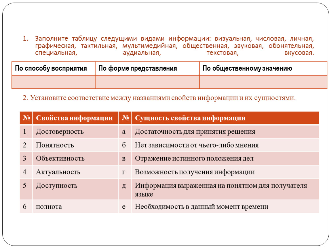 Виды информации таблица. Заполните таблицу следующими видами информации. Заполните таблицу следующими видами информации визуальная. Заполните таблицу свойства информации. Заполните таблицу видами информации визуальная числовая личная.