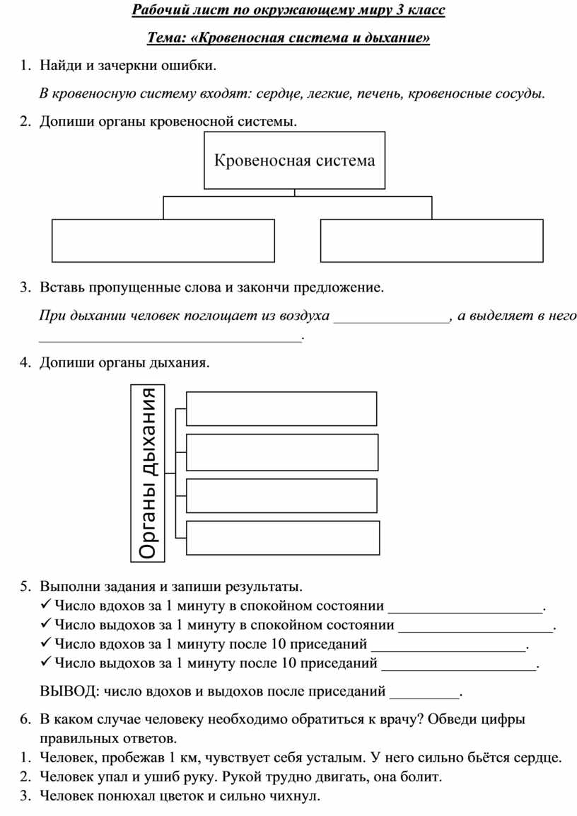 Рабочий лист по окружающему миру 3 класс на тему Дыхание