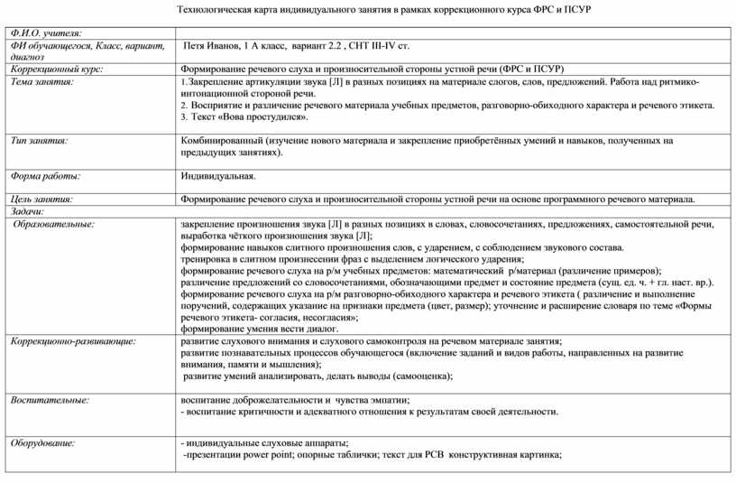 Технологическая карта коррекционного занятия