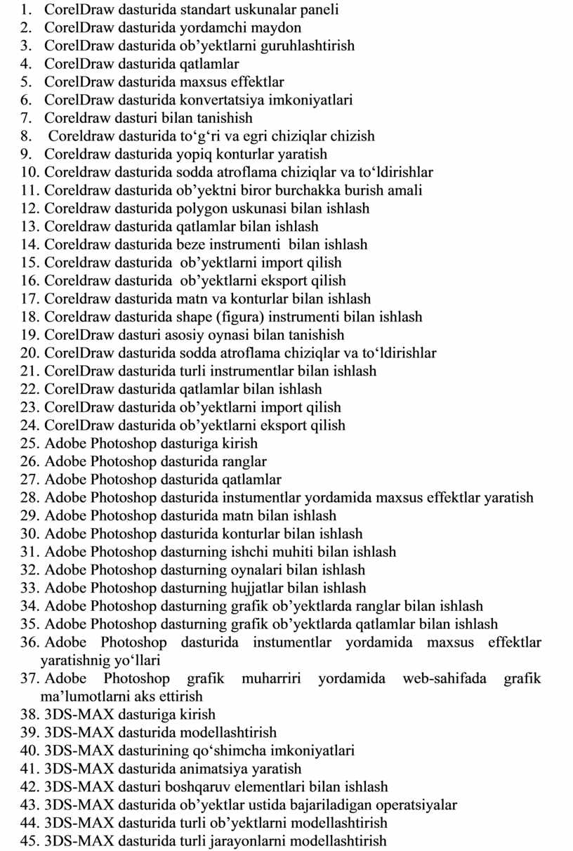 Adobe photoshop dasturida ishlash. Coreldraw dasturining uskunalar Paneli. Coreldraw dasturida ishlash. Paint dasturida uskunalar Paneli. Photoshop dasturining uskunalar Paneli.
