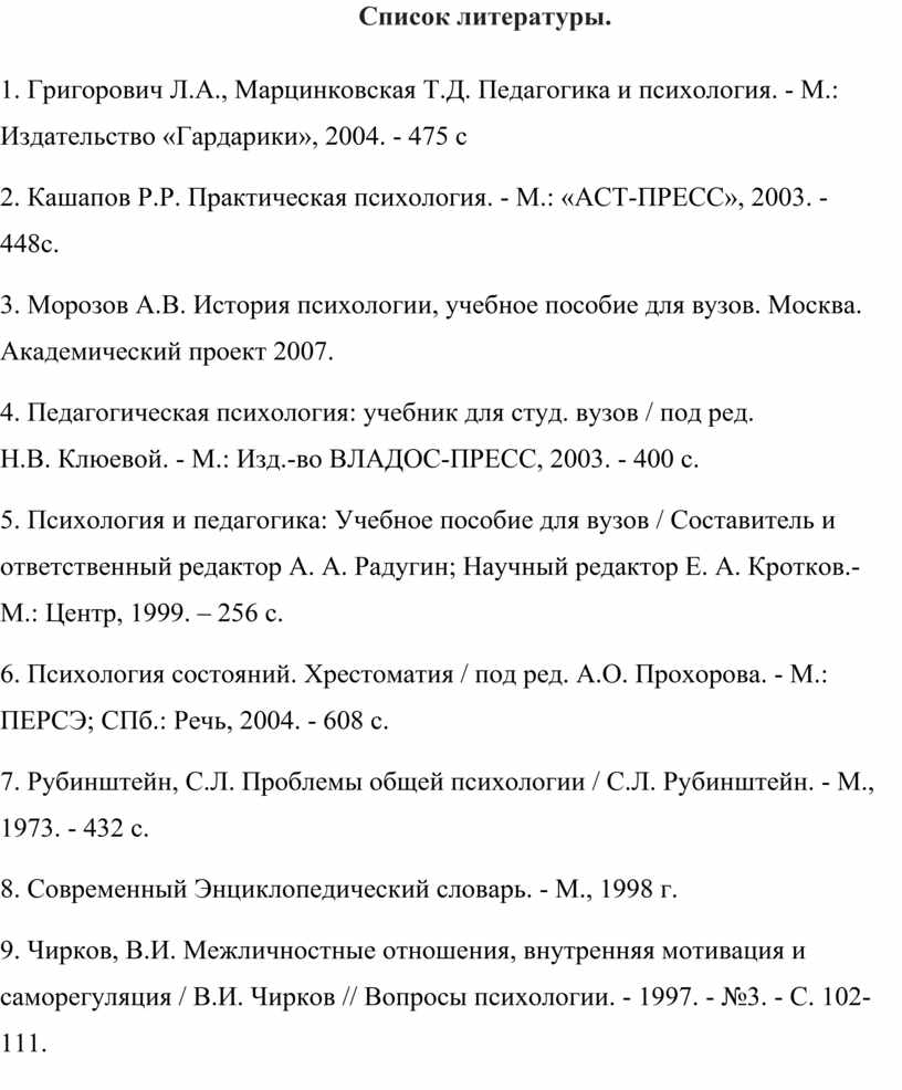 Список литературы реферат образец с сайтов