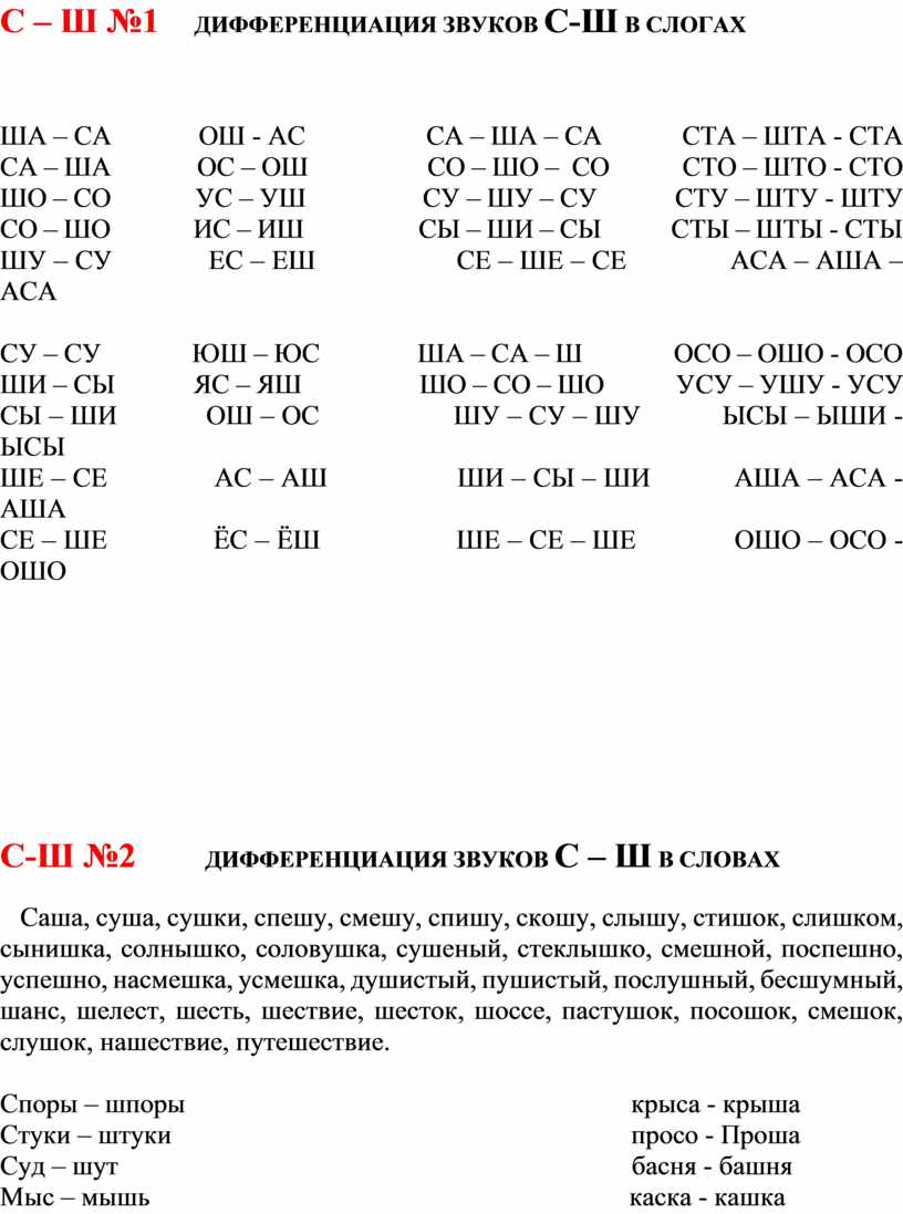 Дифференциация с ш. Дифференциация звуков с-ш изолированно. Дифференциация звуков с-ш в слогах речевой материал. Дифференциация звуков в слогах звука о. Материал для дифференциации звуков с-ш.