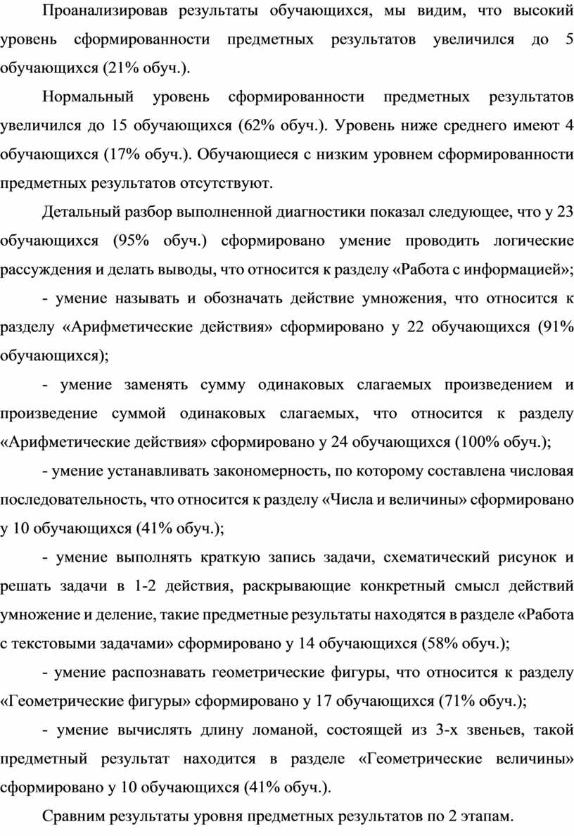Проанализировав результаты обучающихся, мы видим, что высокий уровень сформированности предметных результатов увеличился до 5 обучающихся (21% обуч