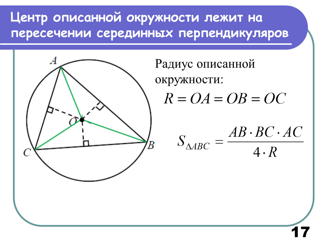 Как построить описанную окружность около треугольника. Центр описанной вокруг треугольника окружности. Центр окружности вписанной и описанной около треугольника. Нахождение центра окружности описанной около треугольника. Центр и радиус описанной окружности треугольника.
