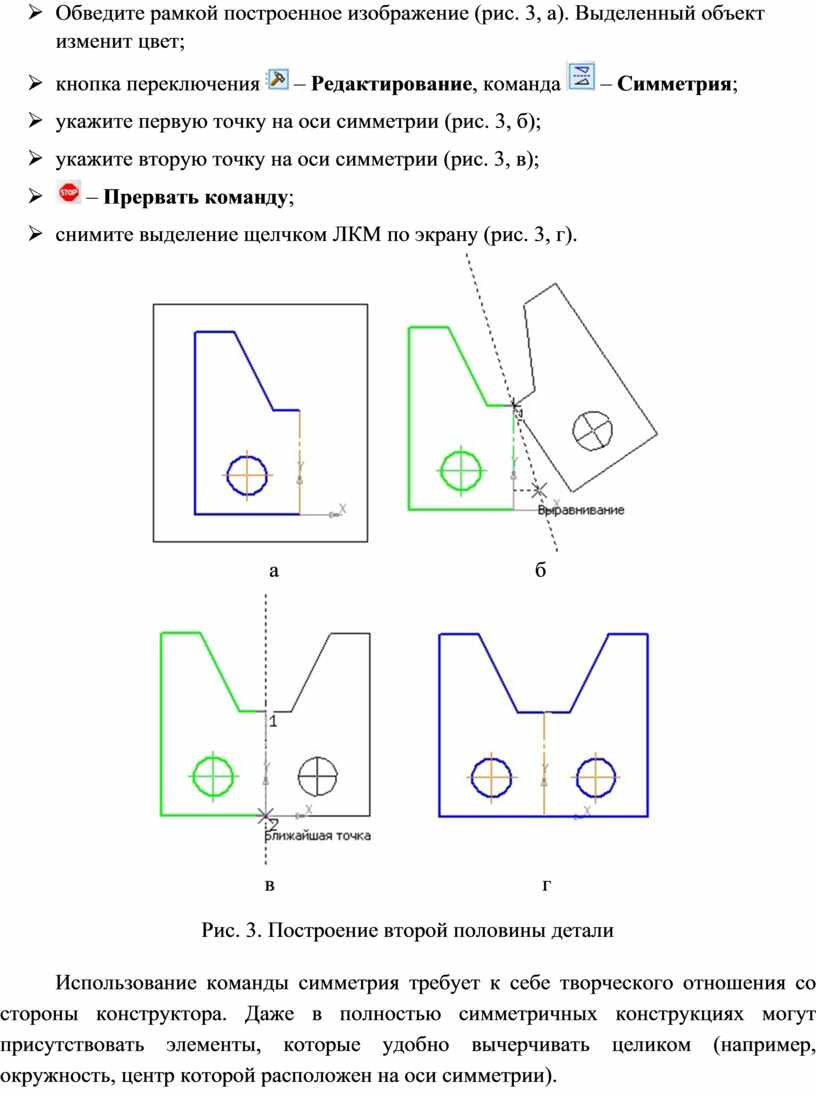 Для того чтобы достроить чертеж плоской детали по имеющейся половине разделенной осью симметрии