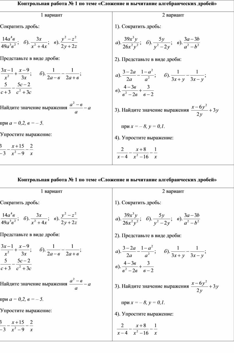 Контрольная работа по алгебре 