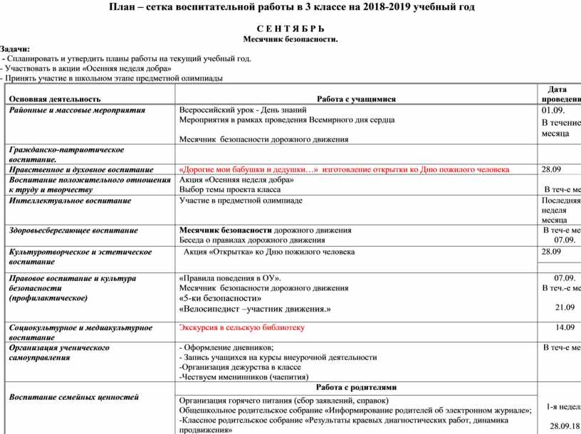 План воспитательной работы 3 класса