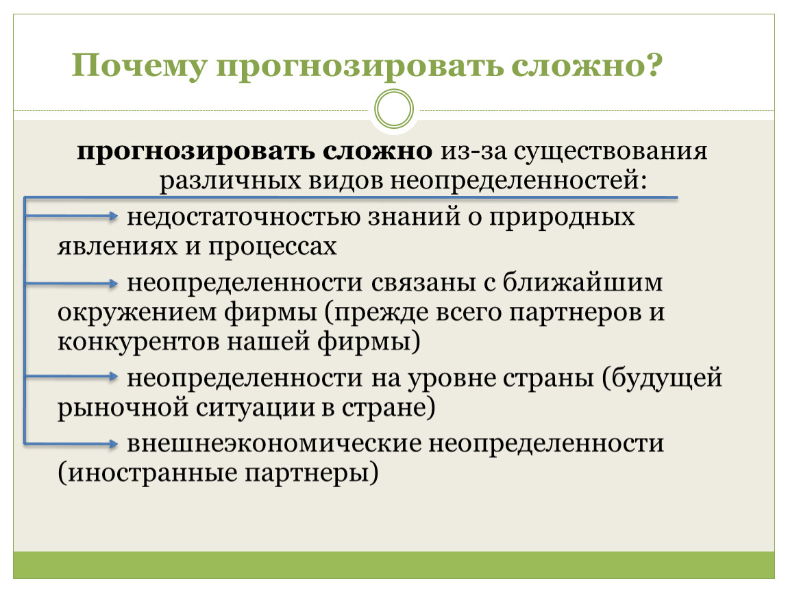 Наличие сложных. Почему прогнозировать сложно. Трудно прогнозируемых. Разновидности неопределенности знаний. Виды неопределенности в сложных системах.