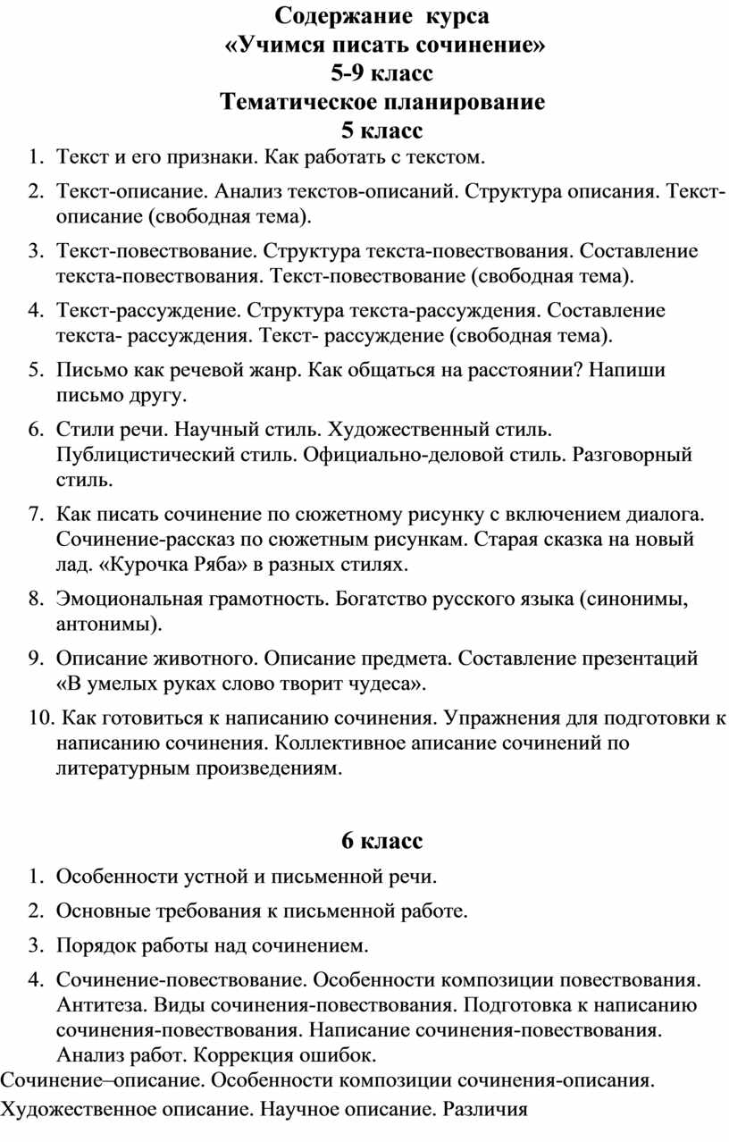 Содержание курса «Учимся писать сочинение» 5-9 класс Тематическое  планирование