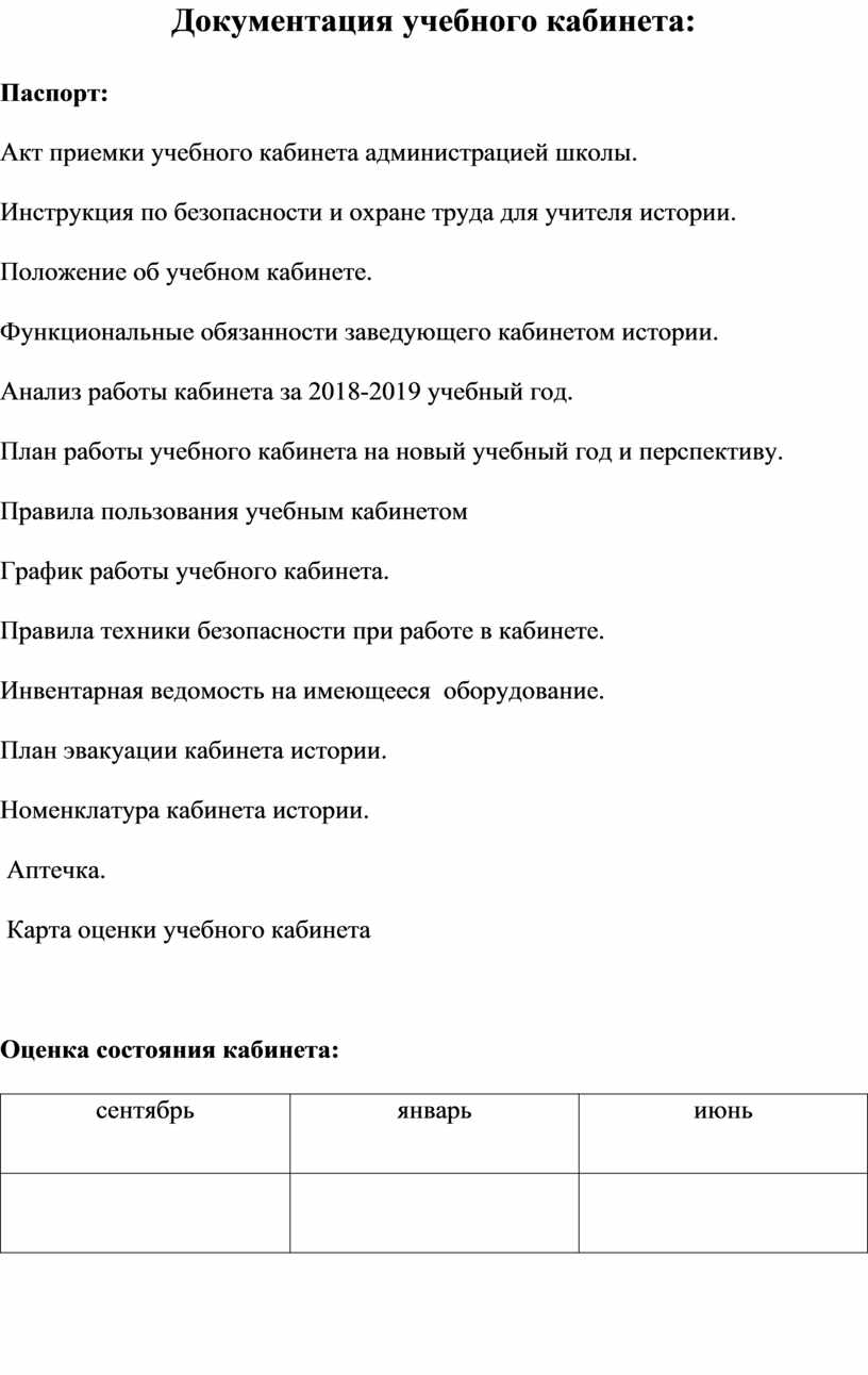 Паспорт кабинета истории