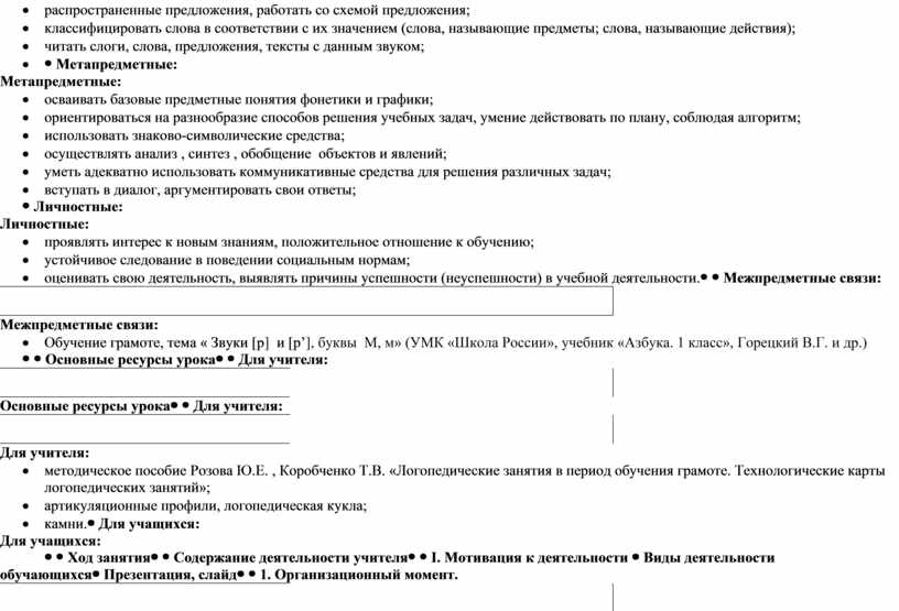 Технологическая карта логопедического занятия