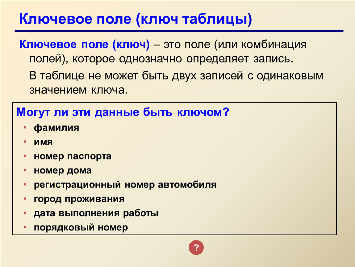 Что такое ключ таблицы базы данных. Ключевое поле базы данных это. Ключевое поле (ключ):. Ключевое поле таблицы. Запись ключевое поле поле.