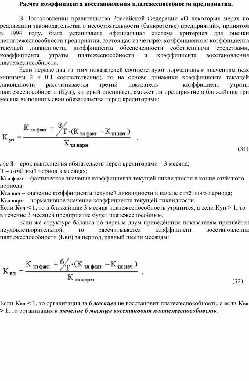 Коэффициент восстановления утраты платежеспособности