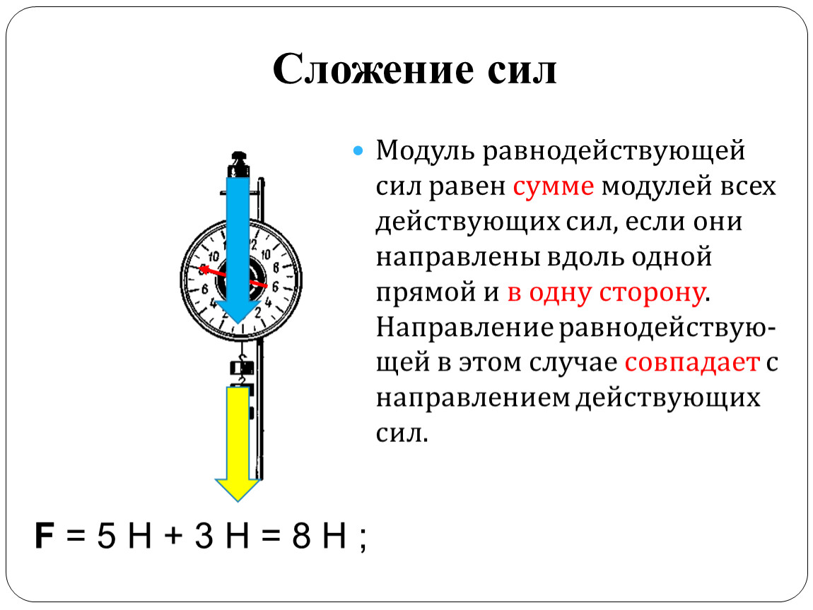 Равнодействующая сил направленных вдоль одной прямой. Сила сложение сил. Сложение сил равнодействующая сила. Сложение сил по одной прямой. Сложение сил действующих на материальную точку.