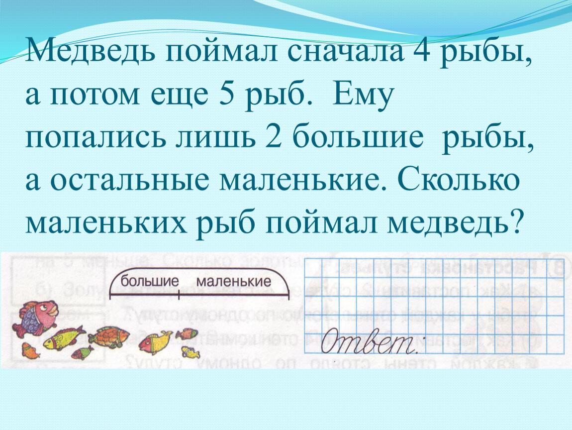 Сначала 4. Медведь поймал сначала 4 рыбы а потом. Медведь поймал сначала 4 рыбы а потом еще 5. Медведь поймал сначала 4 рыбы а потом еще 5 рыб ему попались лишь. Медведь поймал сначала 4 рыбы а потом еще 5 рыб ему попались лишь схема.