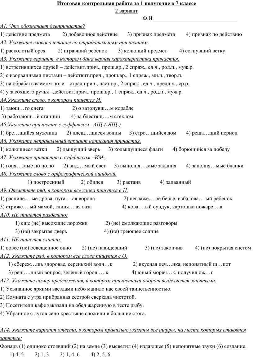 Контрольная работа по русскому языку в 7 классе за 1 полугодие